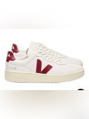 Brand New Veja V-90 White Leather Sneakers with Red V Detail - Women's